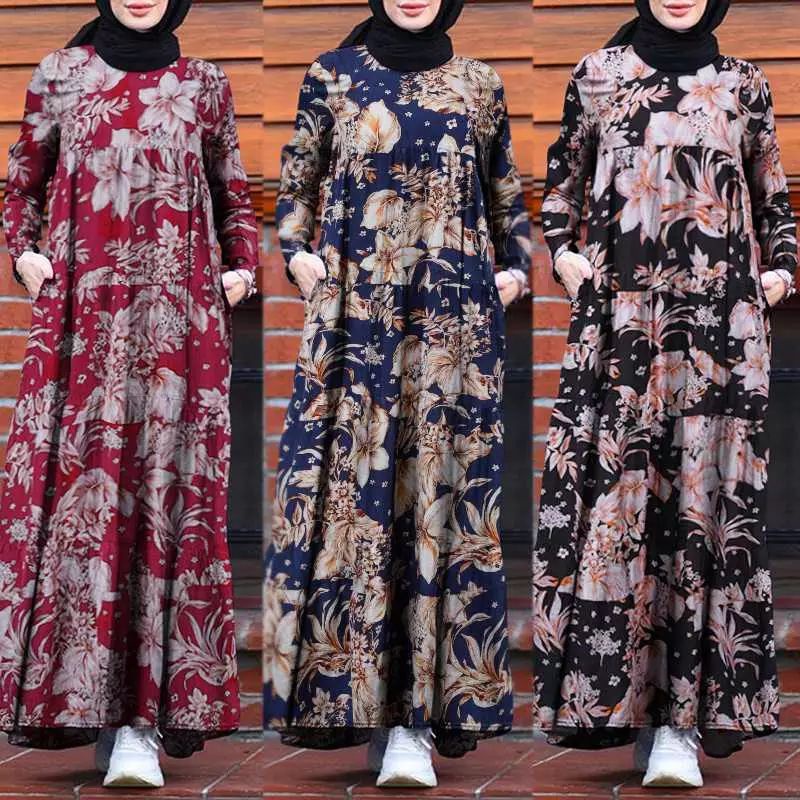 ZANZEA Gaun Maxi wanita import Casual elegan motif bunga print/Gamis wanita muslim jumbo S-5XL Terba