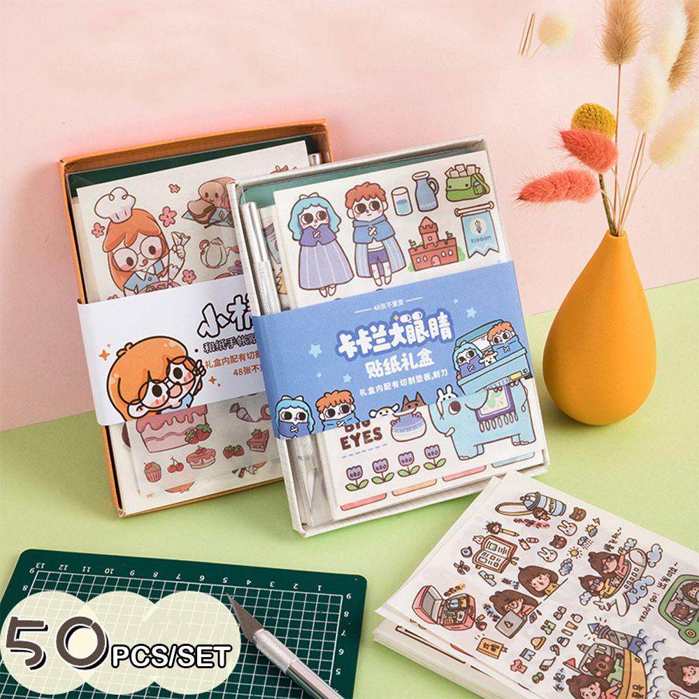 Lanfy Alat Tulis Stiker Set Kawaii 48 Pcs Dengan Graver Cutting Mat Bujo Dekorasi DIY Craft Planner Perlengkapan Sekolah Diary Scrapbooking Stickers