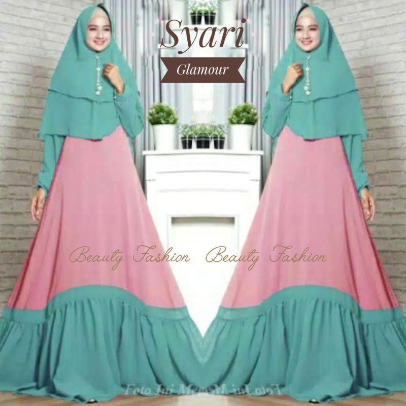 Big sale Gamis  Pesta Syari  Glamour Ceruty Babydoll 2Tone Impor set Khimar