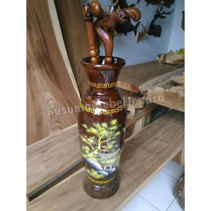 Pajangan Guci Lukis Dekorasi Kayu Jati (Tinggi 75cm)