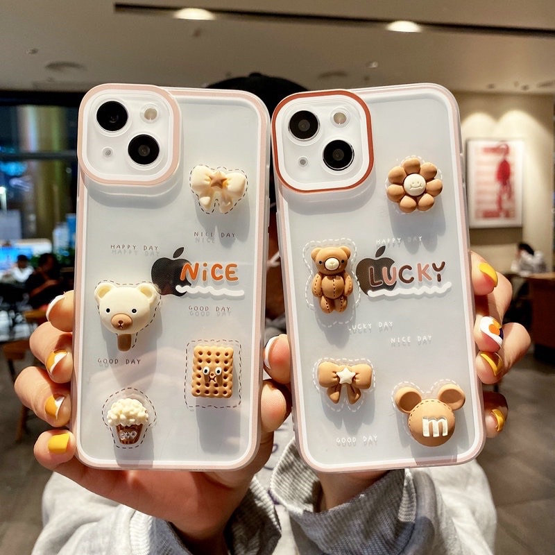 Soft Case Boneka Timbul Protect Camera IPHONE 6 6G 6S 6+ 7 7+ 8 8+ X XS 11 12 13 PRO MAX Casing 3D Bear Flower Cookies Full Lens Cover