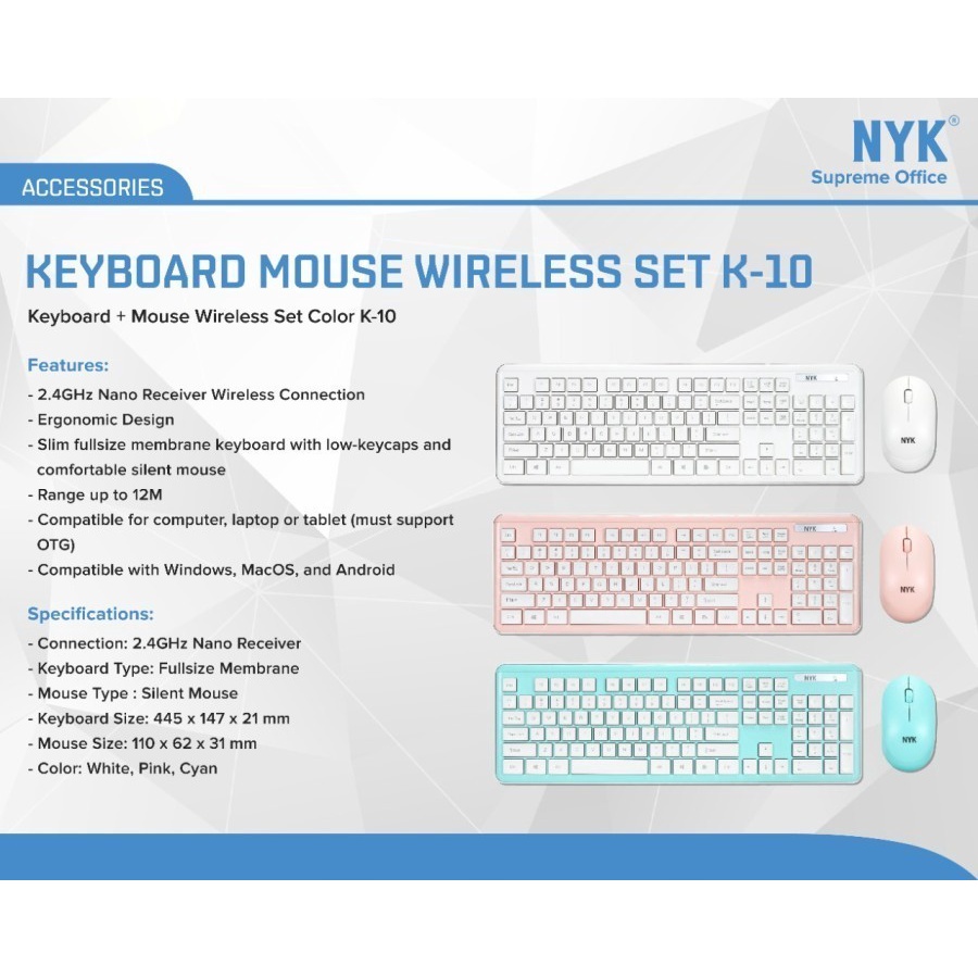 NYK Keyboard Mouse Combo WIreless K10 Silent Combo 2.4Ghz