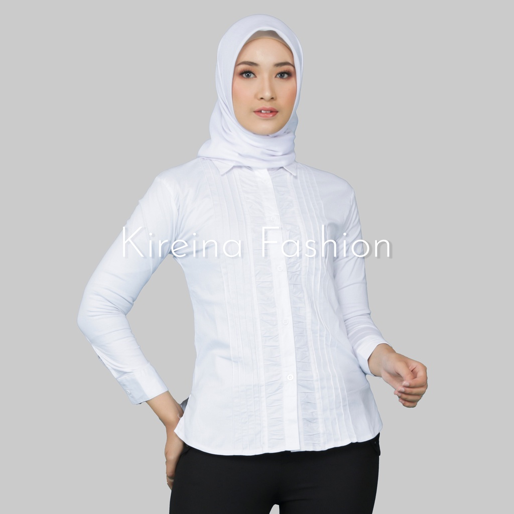 Kemeja Putih Wanita Rempel Panjang Bahan Katun Stretch Melar | Kireina Fashion