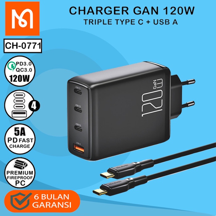 MCDODO CH-0771 Adaptor Kepala Charger GaN 4 Port 120W QC 5A USB Type C iPad Macbook Laptop + Kabel Type C To Type C