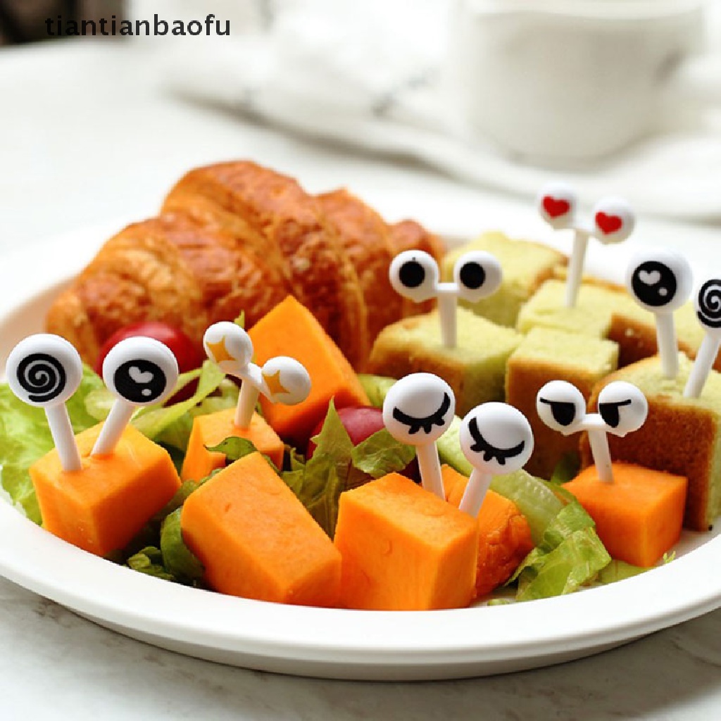 [tiantianbaofu] 10Pcs/Set Mini Skewers Cute Cartoon Eyes Kawaii Lunch Bento Box Food Fruit Fork Boutique