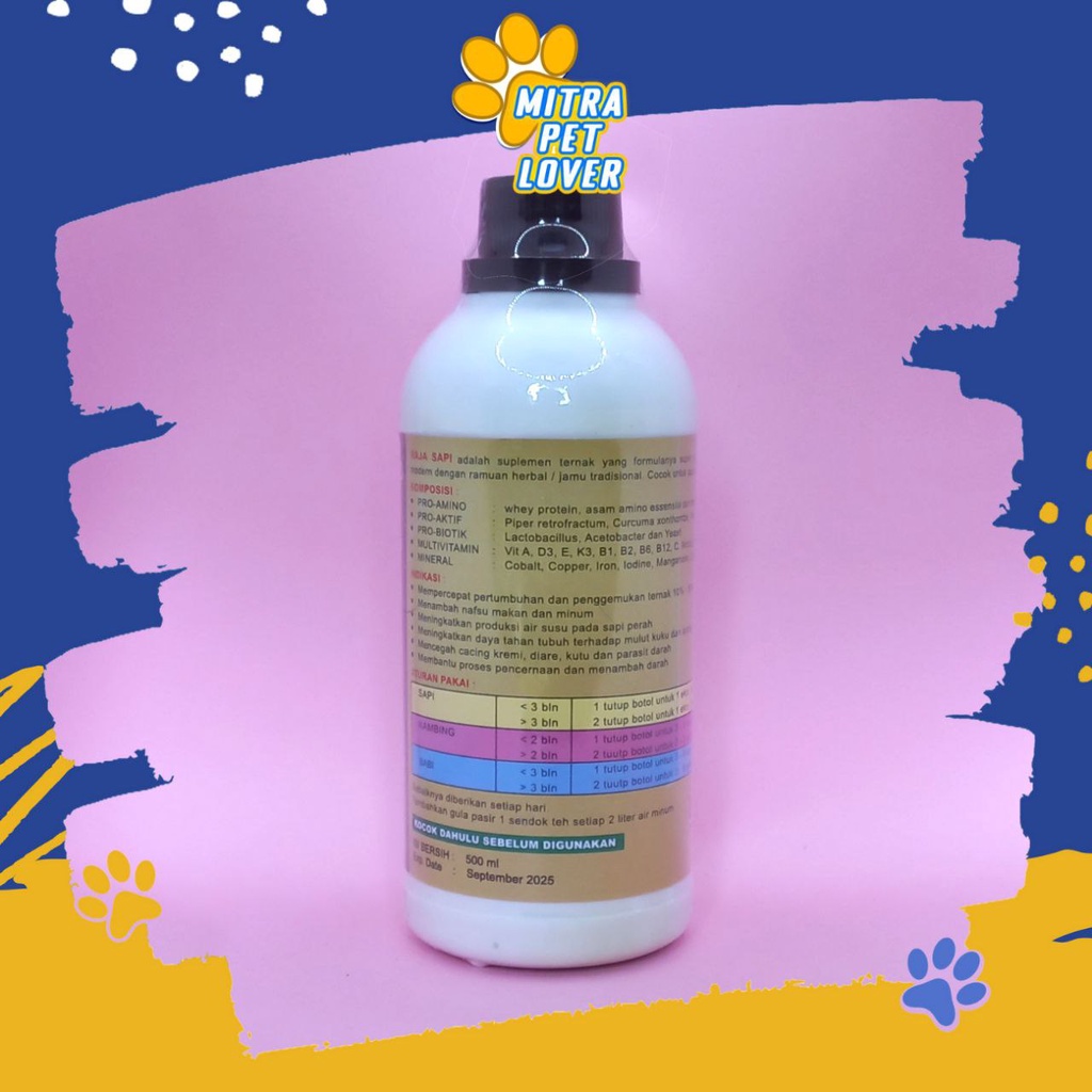 JAMU PEMACU PERTUMBUHAN TERNAK SAPI - RAJA SAPI SYRUP 500 ML ORIGINAL - VITAMIN SIRUP SUPLEMEN KAMBING KUDA PET ANIMAL GOAT HORSE HEALTHCARE AND VETERINARY TAMASINDO OBAT KESEHATAN DAN VITAMIN TERNAK HEWAN BINATANG PELIHARAAN MITRAPETLOVER