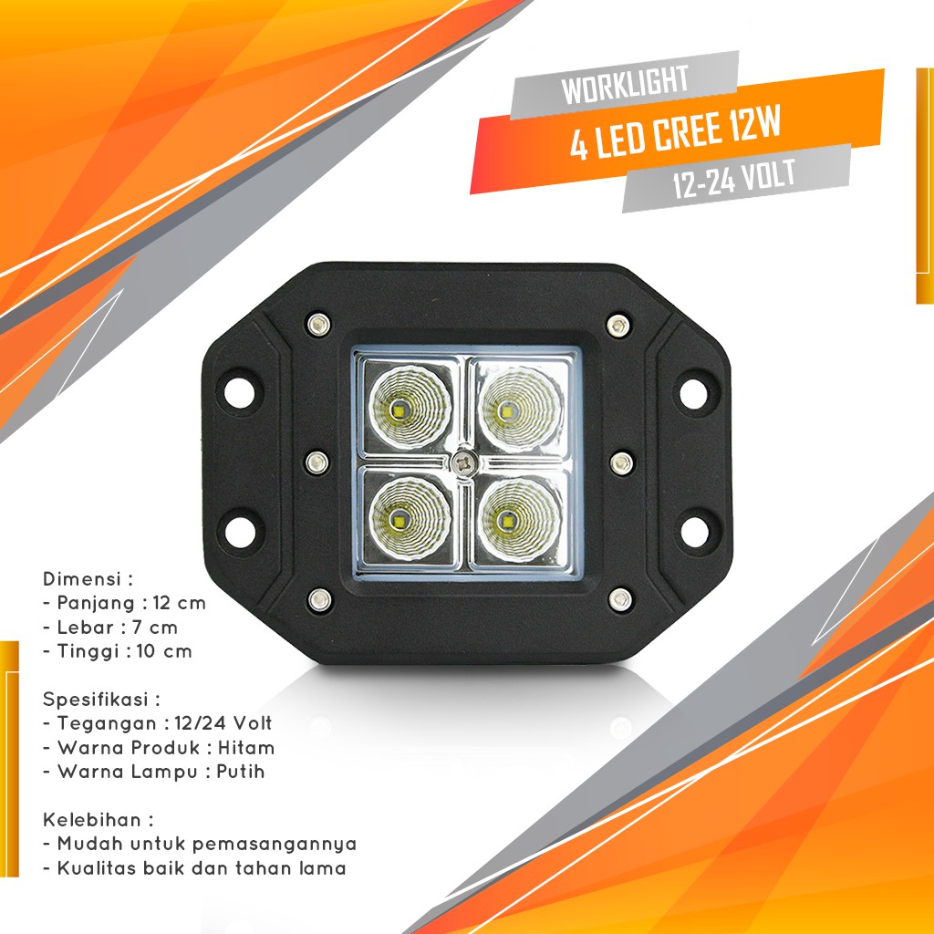 Lampu LED Tembak Sorot Work Light CREE 4 Mata 12W 12/24V Lampu Mobil Truk