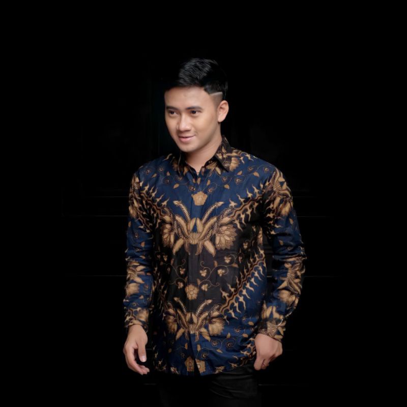 Batik Pria Lengan Panjang BATIK AZMIL HRB026 motif KERATONAN Kode 002 size M L XL XXL Reguler-KMJ Keris Navy