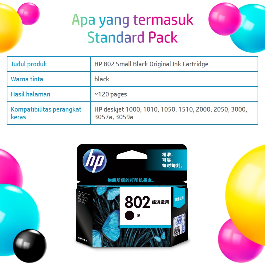 Tinta Printer HP Ori 802 Small Black/1000/1010/1050/1510/2000/2050