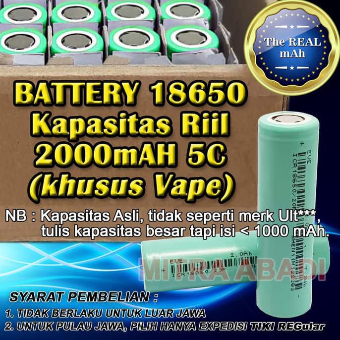 Baterai/Batre/Battery 18650 Kapasitas Riil 2000 mAh 5C (Khusus VAPE)