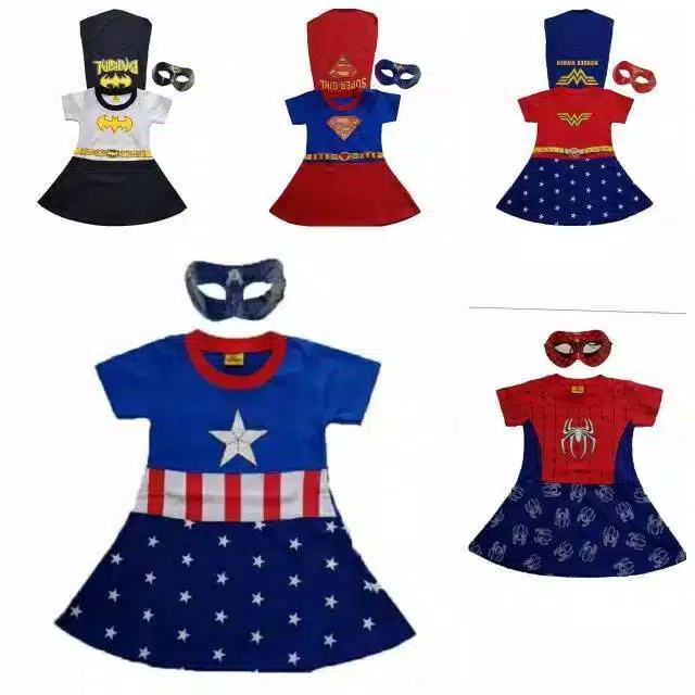 KOSTUM DRESS ANAK PEREMPUAN KOLEKSI WONDER WOMAN SUPERGIRL BATGIRL CAPGIRL SPIDERGIRL DRESS GRATIS TOPENG USIA 2-10 TAHUN BISA COD