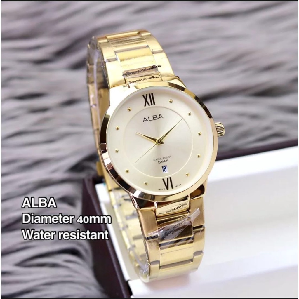 PROMO Jam Tangan Alba 4D1741 Pria Cowok Analog Tanggal Aktif Rantai Stainless