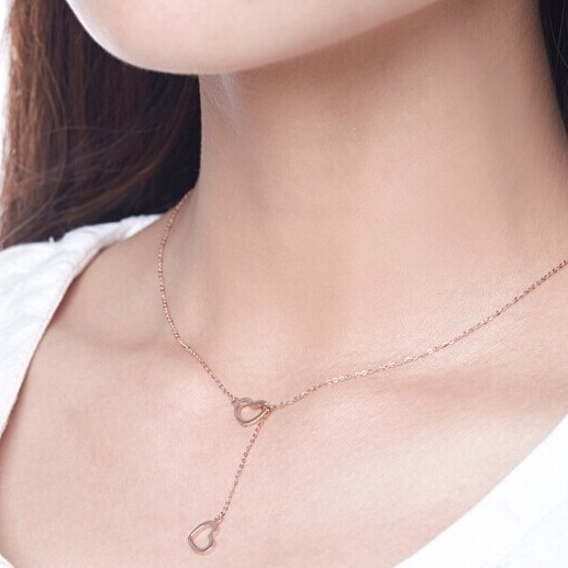Kalung unik panjang bentuk hati warna rose gold - kalung model korean titanium lapis emas 18k