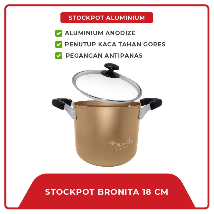 stock pot bronita 18 cm MASPION panci tinggi gagang 2 tutup kaca