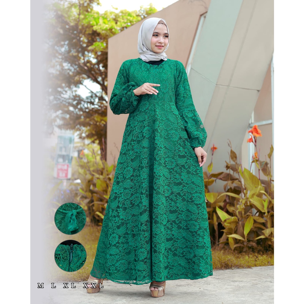 ( NEW ARRIVAL) DRESS GAMIS BROKAT TANGAN BALON RESLETING DEPAN/ DRESS BROKAT TERBARU/ DRESS BROKAT P