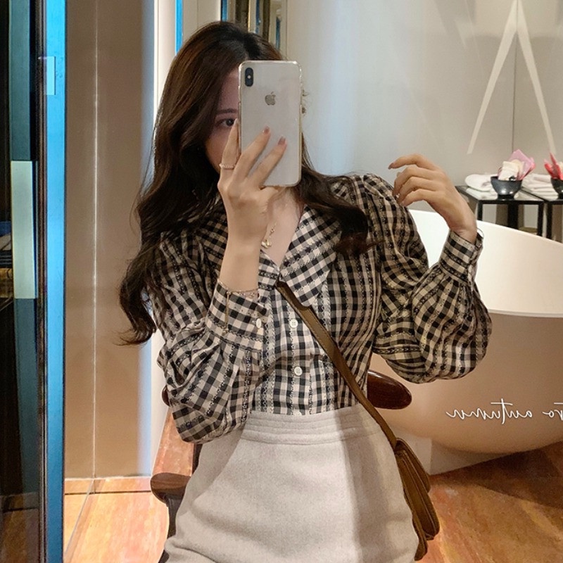 #Sisjuly# Wanita Retro Kemeja Kotak-kotak Wanita Lengan Panjang Lentera Lengan Kemeja Desain Rasa Po