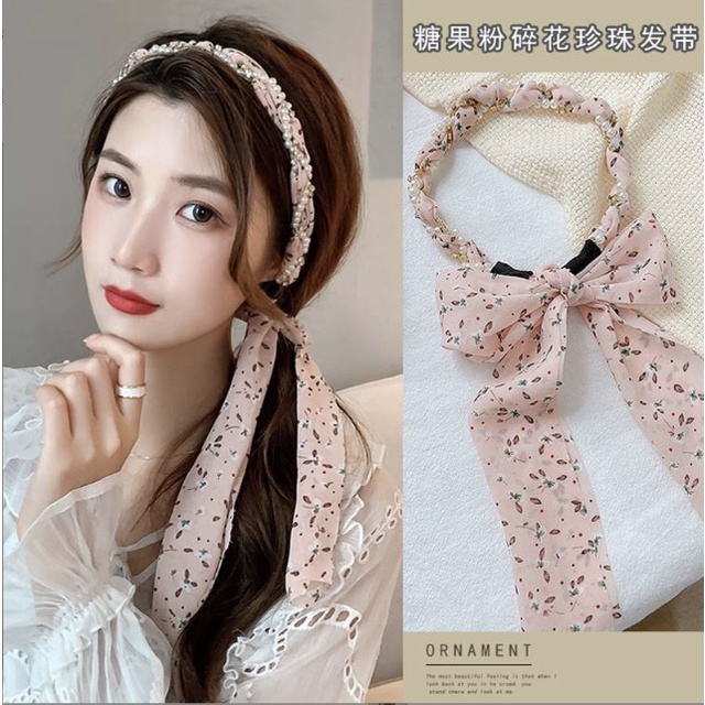 Bando Tali mutiara Korea Bandana Korea Wanita / Headband Tali Ikat Pita Motif Bunga Mutiara