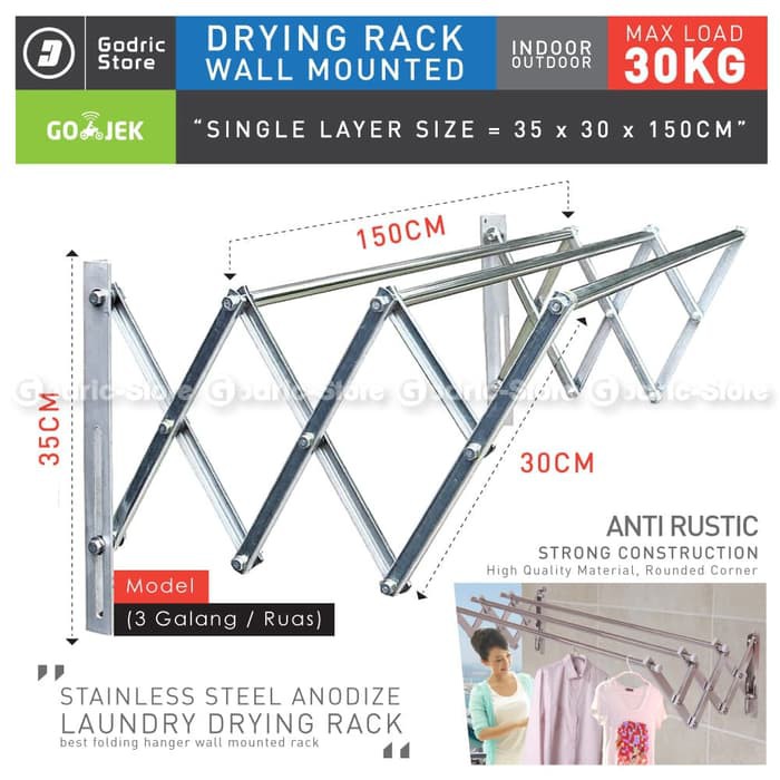 GOD0128 Jemuran Dinding Stainless Anti Karat Lipat Gantung SINGLE 15M 150CM
