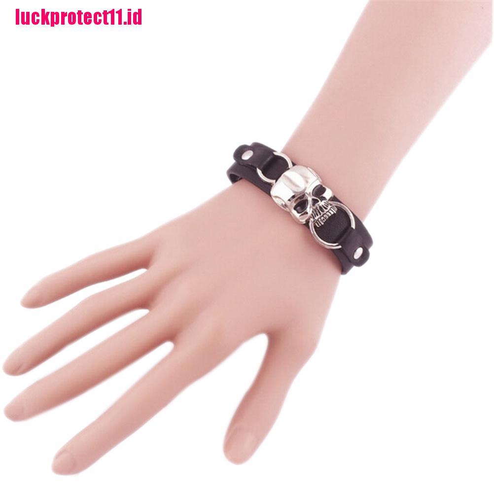 (LUCK) Gelang Tangan Kulit Banyak Lapis Aksen Tengkorak Untuk Pria