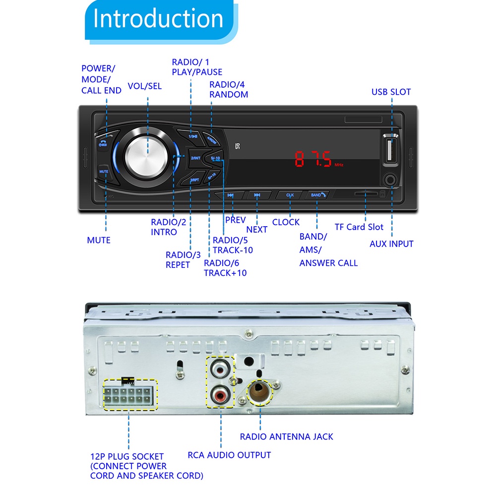 Single DIN Mobil Stereo Bluetooth Hands Free Memanggil Musik Kartu TF USB AUX Input FM Radio Receiver 1DIN Head Unit 12V