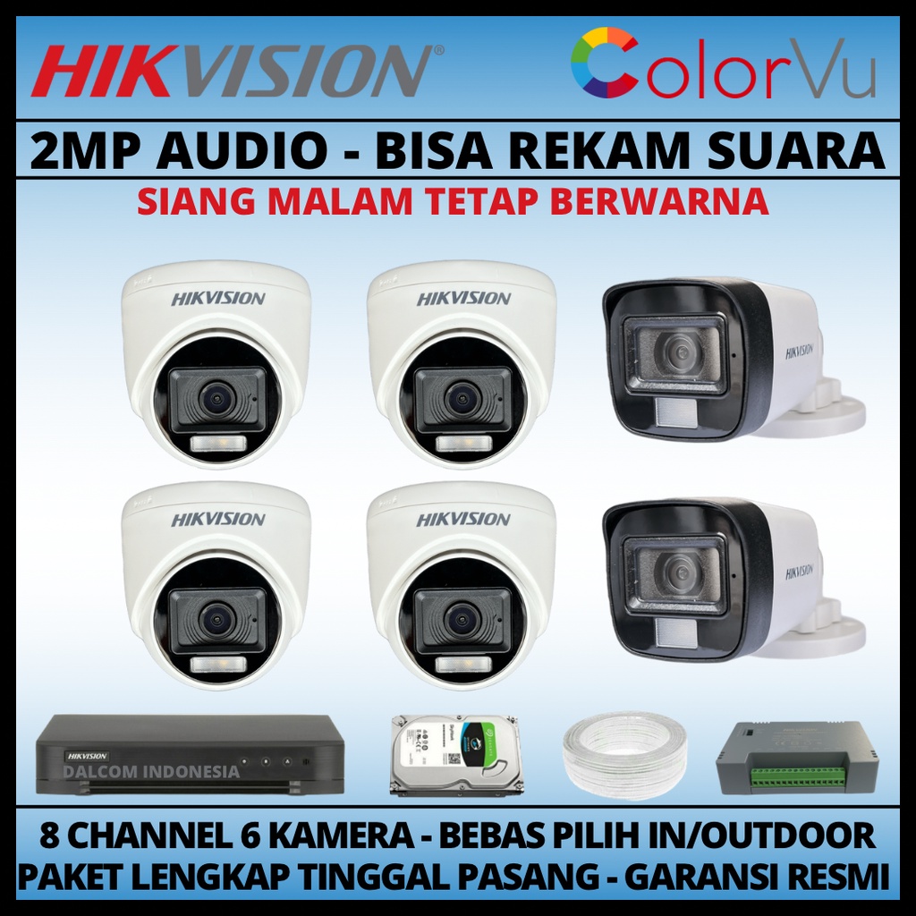 PAKET CCTV HIKVISION COLORVU 2MP 8 CHANNEL 6 KAMERA COLORFUL