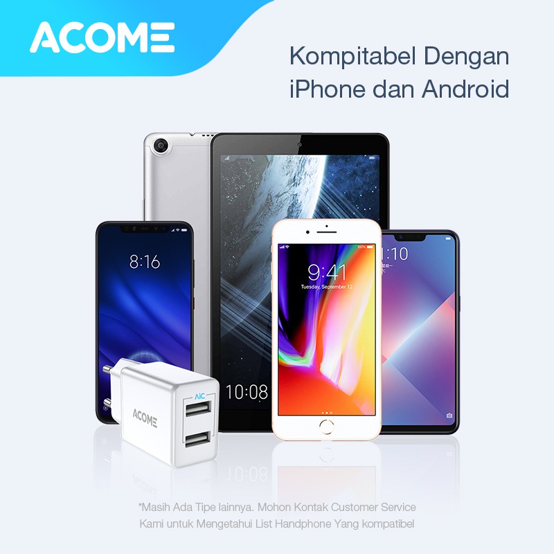 ACOME Charger Adaptor Original 2.4 A AiC Fast Charging 2 Port Micro USB Samsung OPPO iPhone AC03