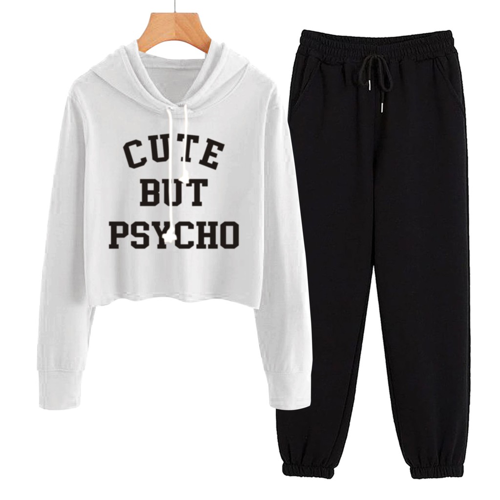 BESS - Baju Setelan Wanita Murah / Setelan Hoodie Crop + Jogger Hitam - CUTE BUTE PSYCHO