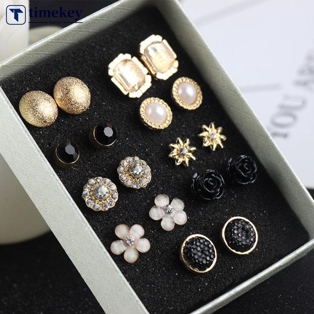 Timekey 9 Pasang / Set Anting Tusuk Desain Bunga Geometri Warna Emas Untuk Wanita A2K7