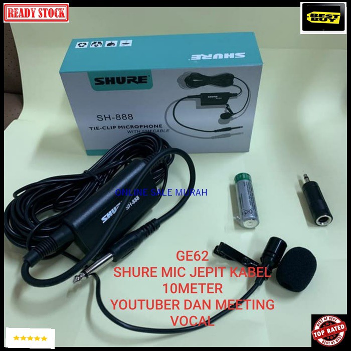 G62 shure Mic Jepit kabel 10 meter Kancing kerah baju microphone Clip on klip tie Condensor sensitif aux mikrophone mik karaoke sound audio klip cable profesional pro vocal vokal karaoke mikrophone microphone audio sound system panggung dj studio sensitif