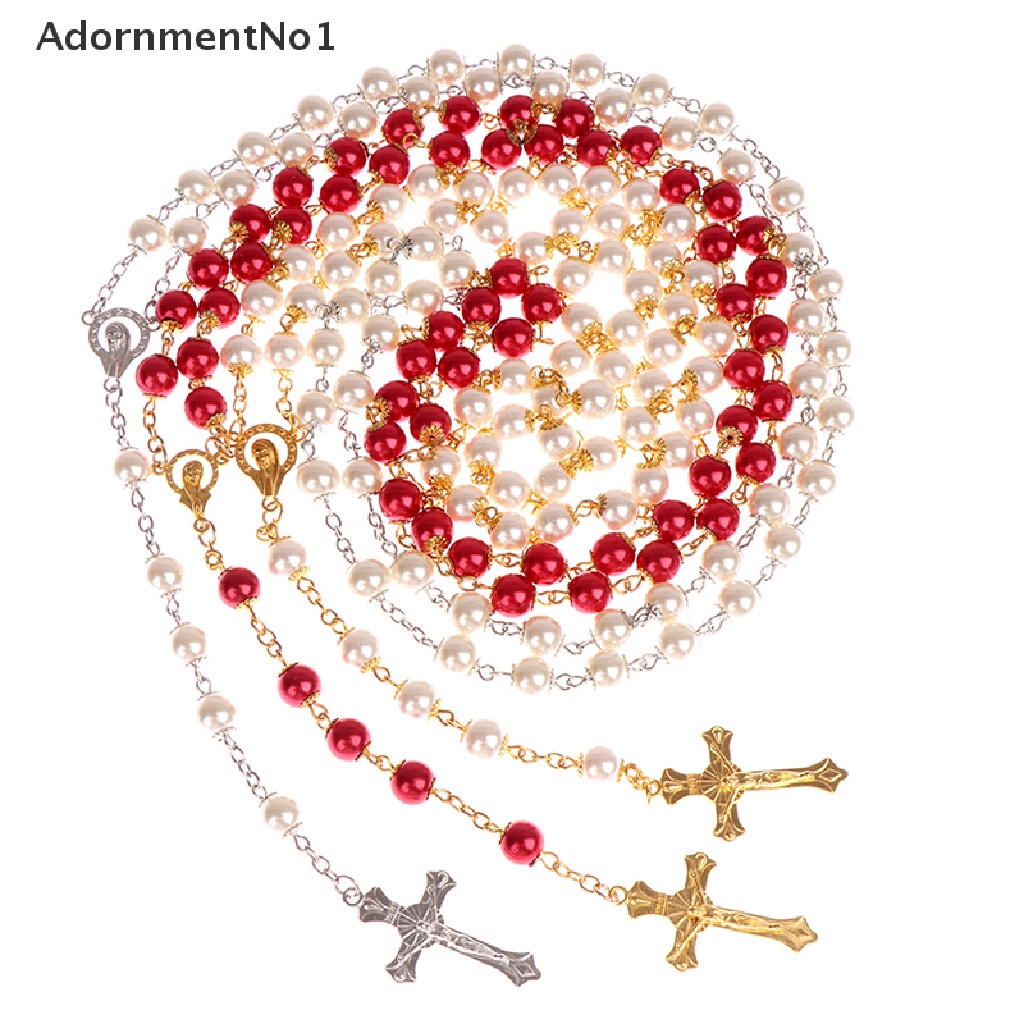 (AdornmentNo1) Kalung Rosario Katolik Rantai Panjang Dengan Liontin Salib Yesus + Mutiara