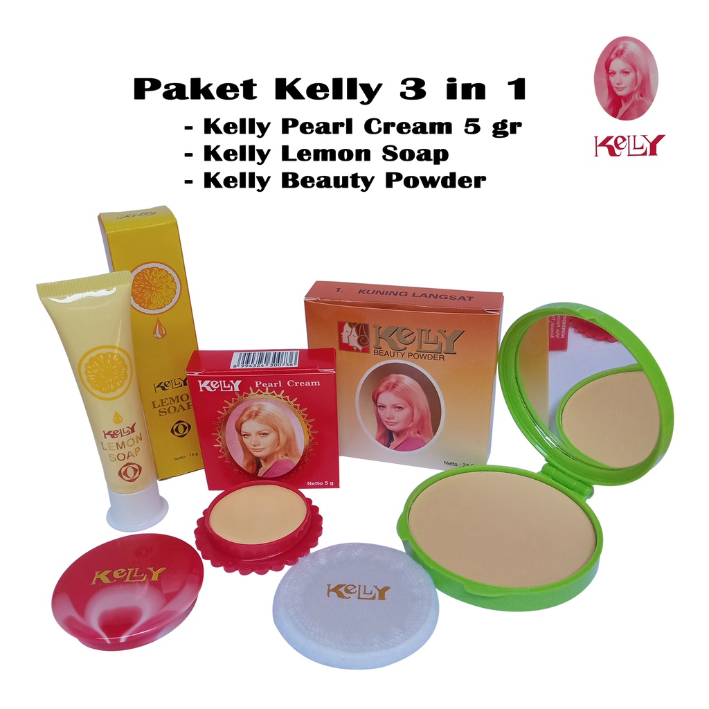 Paket Lengkap Kelly Pearl Cream 3 in 1 - Pearl Cream Kelly 15gr - Lemon Soap 15gr - Bedak Kelly Comp