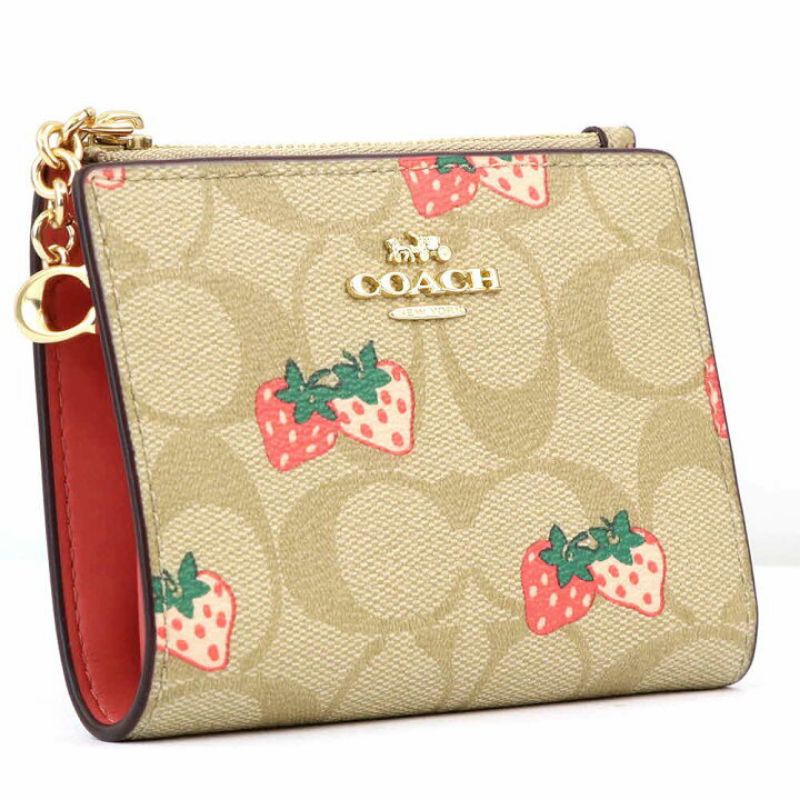 Coach Small Wallet In Signature Canvas Strawberry Khaki