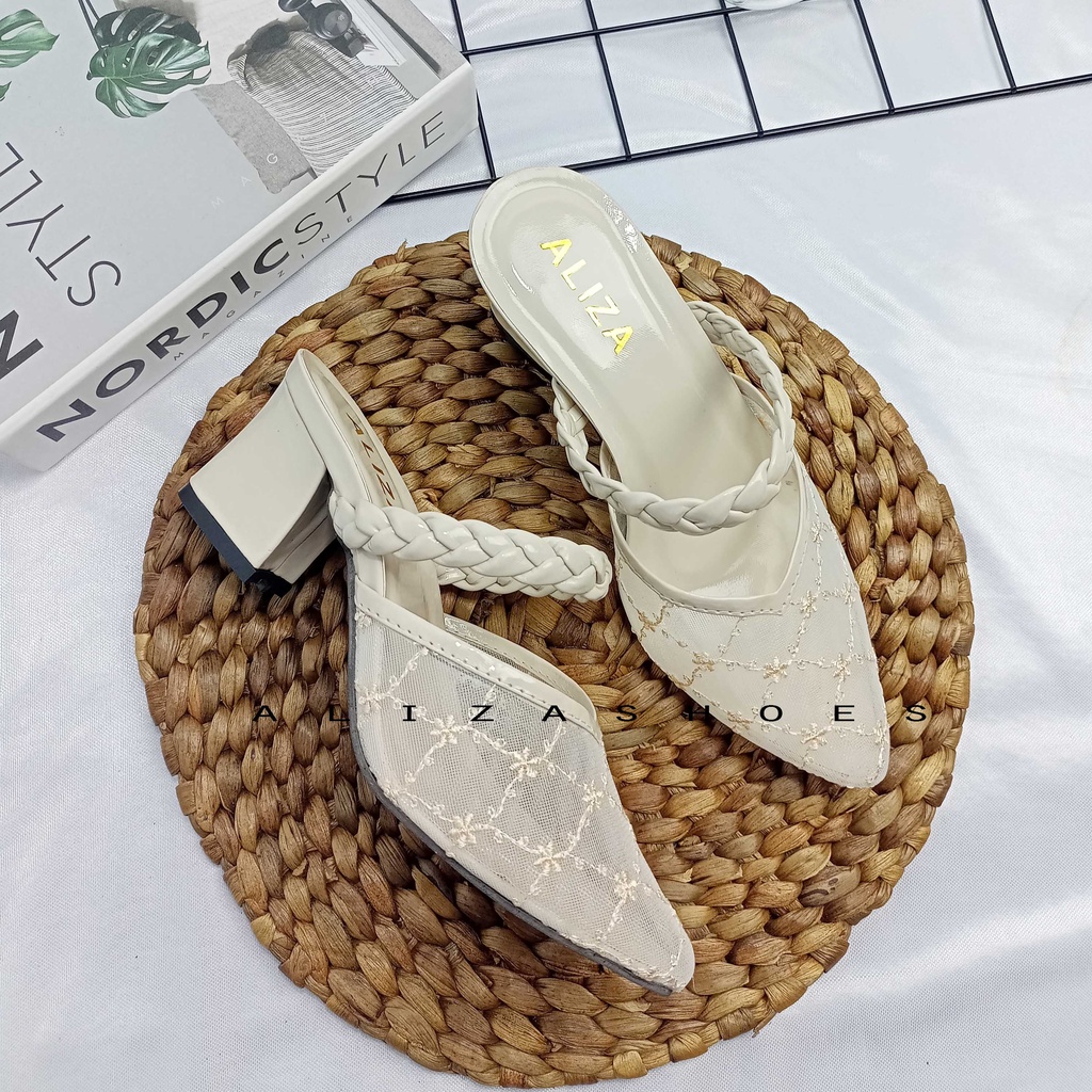 ALIZA SANDAL HEELS WANITA CHUNKY 5 CM JALA RAJUT TERBARU-KREM