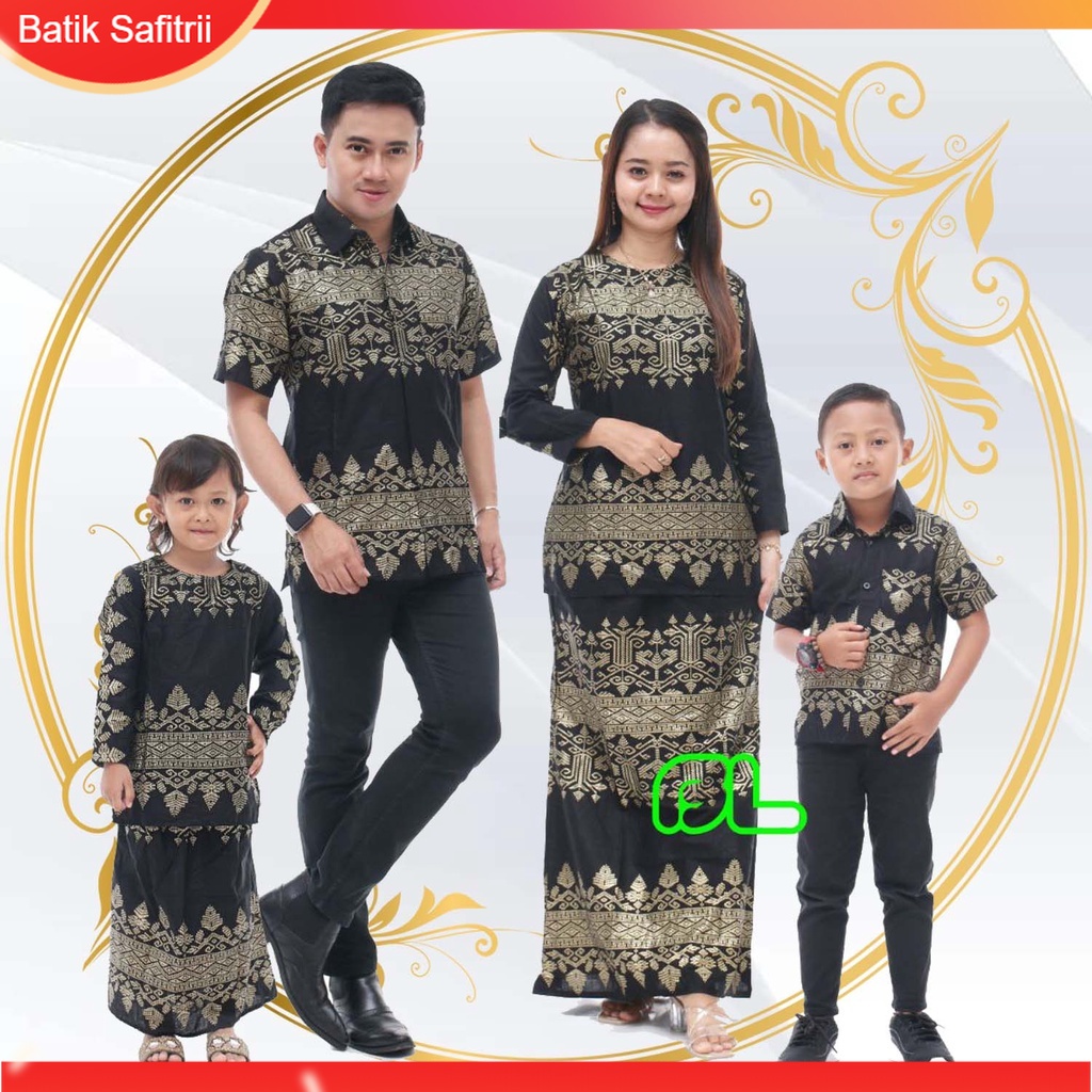 Couple Keluarga - Batik Keluarga Muslim - Ibu Bapak Anak - Motif Prada Emas Anjani - Dress Tunik Blu