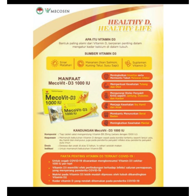 Mecovit vitamin D3 1000 IU ( 1box  isi 30tablet)