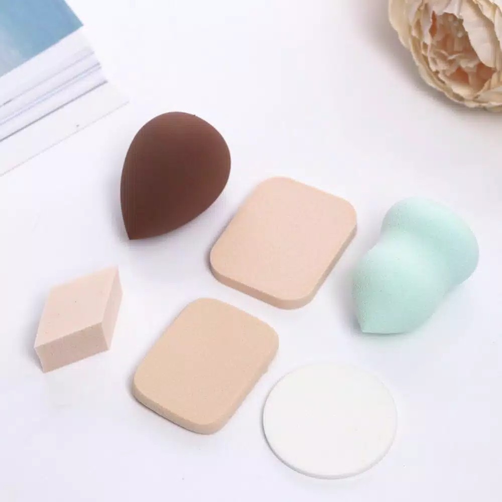 BIMBIM Spons Make Up Set 6 IN 1 Beauty Blender Sponge Bedak Isi 6 Pcs Powder Puff Foundation Makeup Puff Wajah Kemasan Plastik Import