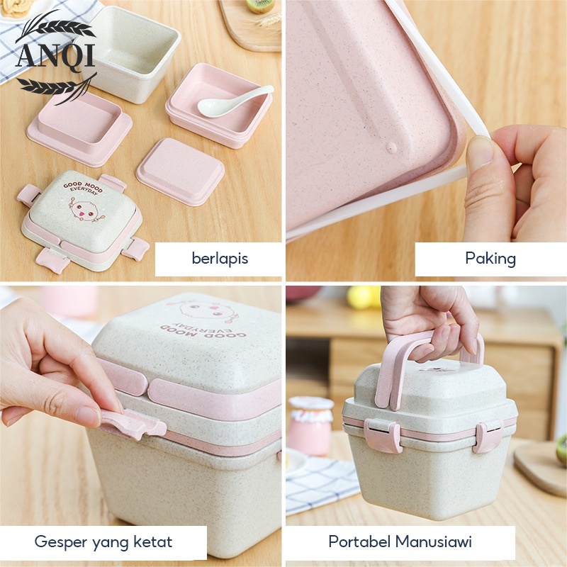 ANQI 1888 Lunch Box Kotak Bento Kotak Tempat ​Makan Lunch Box Set Bekal Free Sendok-Bpa free VS-208