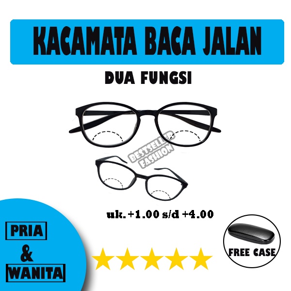 Kacamata Double Fokus Uk. +1.00 s/d +4.00 Kacamata 2 Fungsi Baca Dan Jalan Frame Oval Hitam Untuk Pria dan Wanita FREECASE