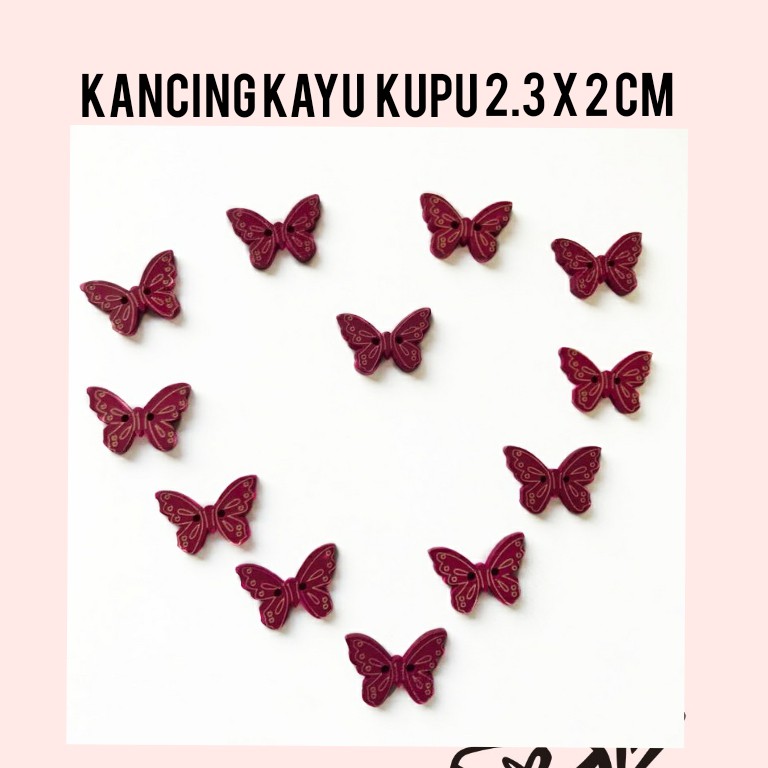 1 LUSIN - 2.3 X 2 CM KANCING KAYU MOTIF KUPU | WARNA UNGU