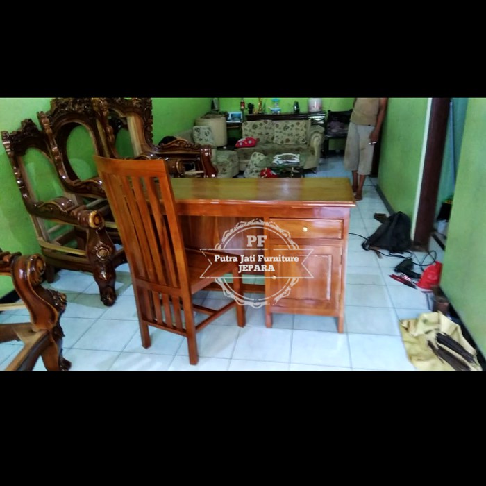 Mebel Jepara Meja Kantor Jati - 1 Set Meja Kursi Kerja Full Kayu Jati