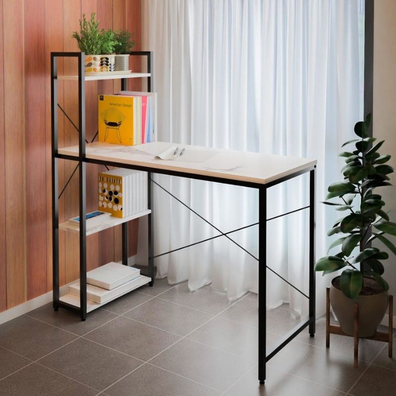 Meja Kerja Meja Belajar Meja Komputer Kantor Dengan Rak Besi - White Marble Black