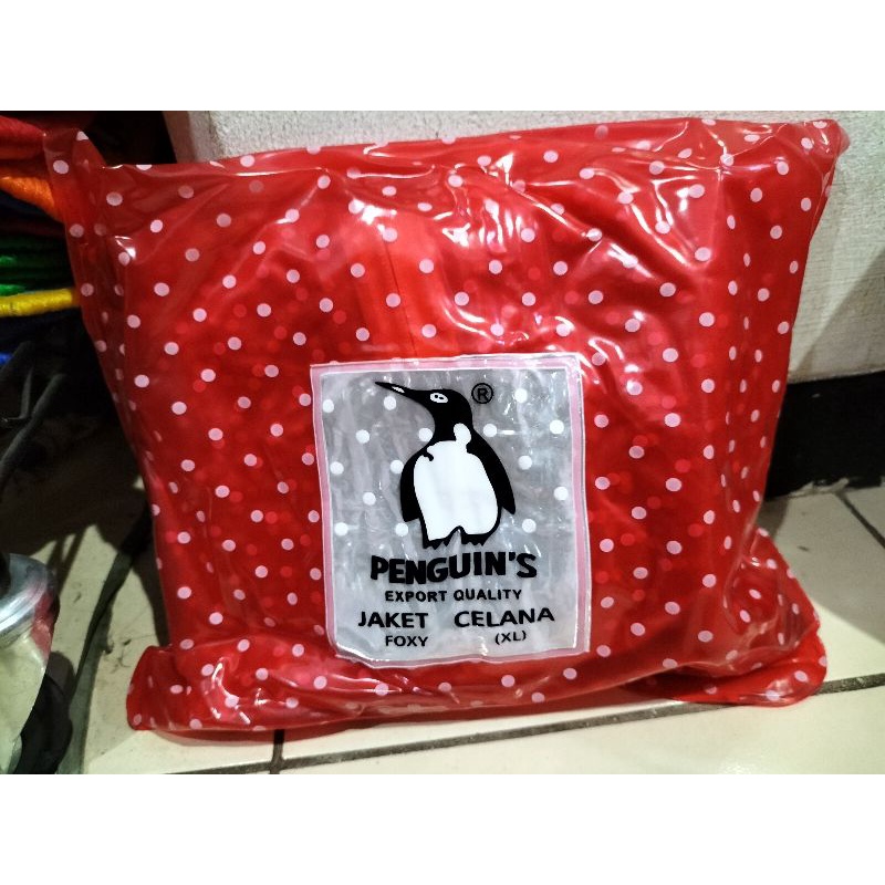 Jas Hujan Penguin's Foxy Jaket Celana Polkadot Merah