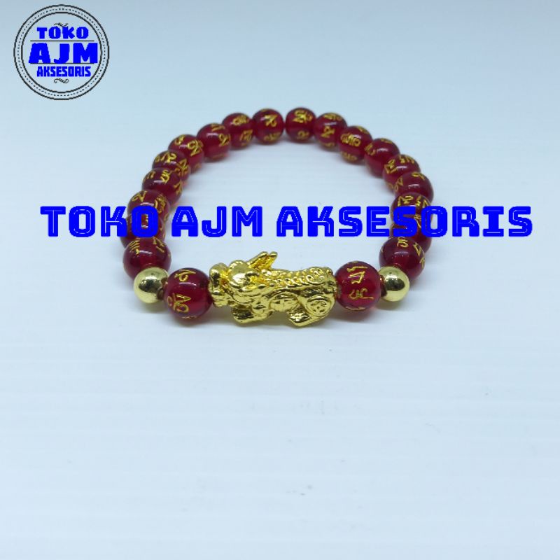 Gelang Pixiu Batu Giok Mantra Budha Merah 8Mm