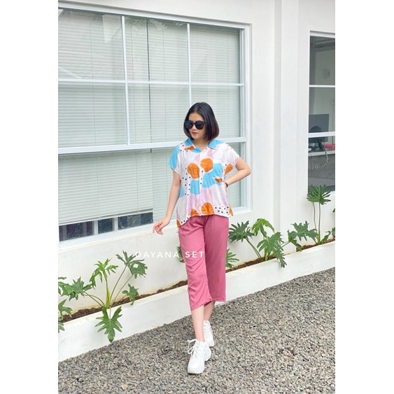 setelan celana 7/8 /dayana set/setelan atas motif bawah polos/COD-R