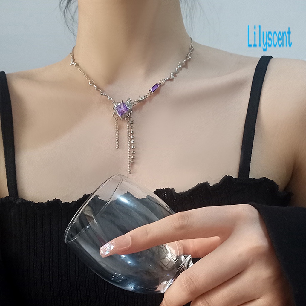 Lily Kalung Rantai Alloy Adjustable Hias Zirkon Ungu Untuk Wanita