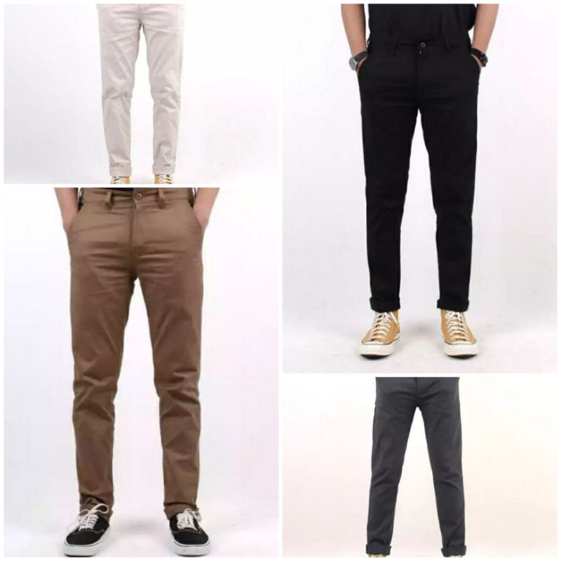 Celana Panjang Slimfit Chino/Cino/Chinos Pria/Cowok Pensil - Krem(Cream)/Abu(Grey)/Hitam(Black)