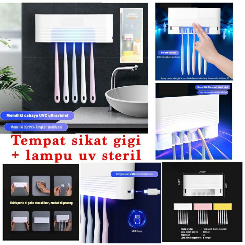 Rak Desinfeksi Sikat Gigi / Tempat Gantungan Sikat Gigi + Lampu UV Steril Bakteri