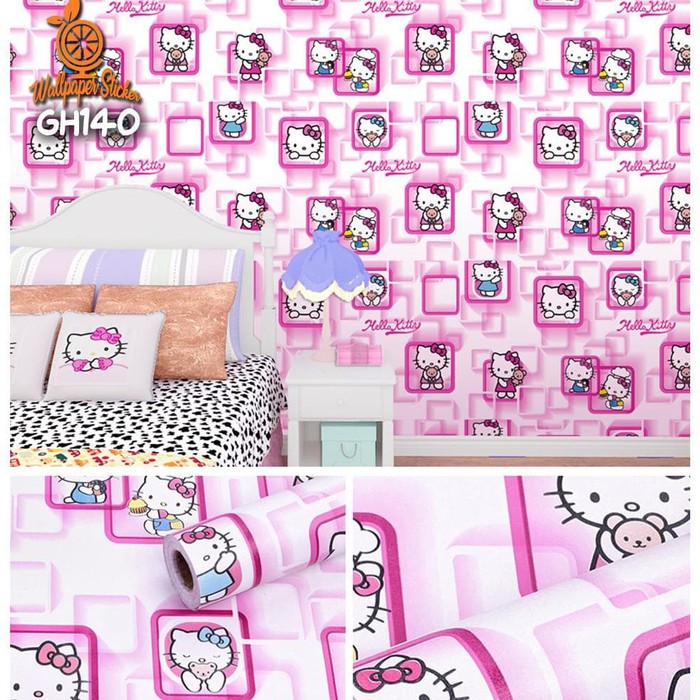 Wallpaper Sticker Dinding Motif Hello Kitty Kotak 3D Pink Ukuran Panjang 10Meter x Lebar 45CM