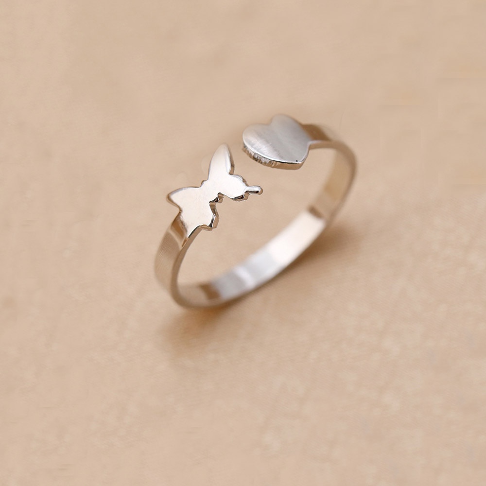 2pcs / Set Cincin Model Terbuka Bahan Metal Desain Kupu-Kupu + Hati Warna Gold / Silver Adjustable Untuk Wanita