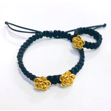 Satu set gelang dan cincin wanita / gelang rajut bunga lapis emas / replika emas / gelang